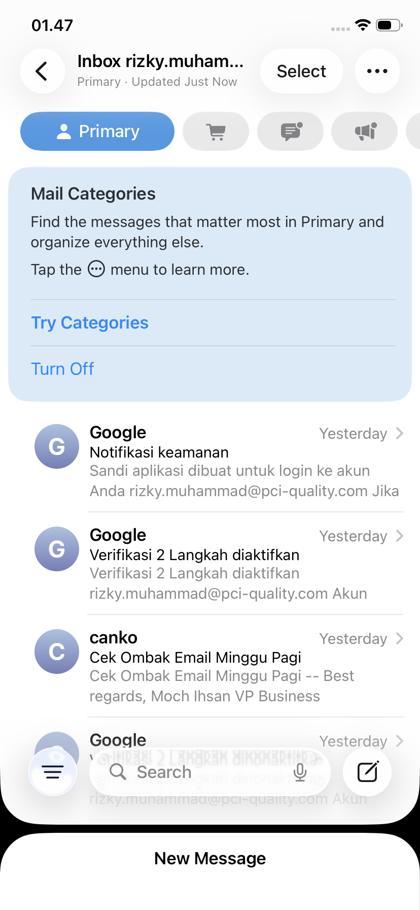 Aplikasi Mail dengan inbox