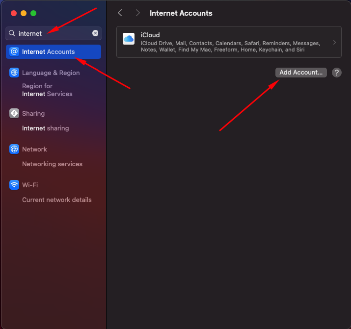 Internet Accounts dan tombol Add Account