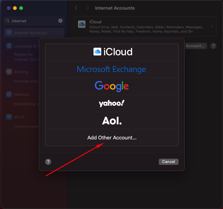 Pilihan provider dan Add Other Account