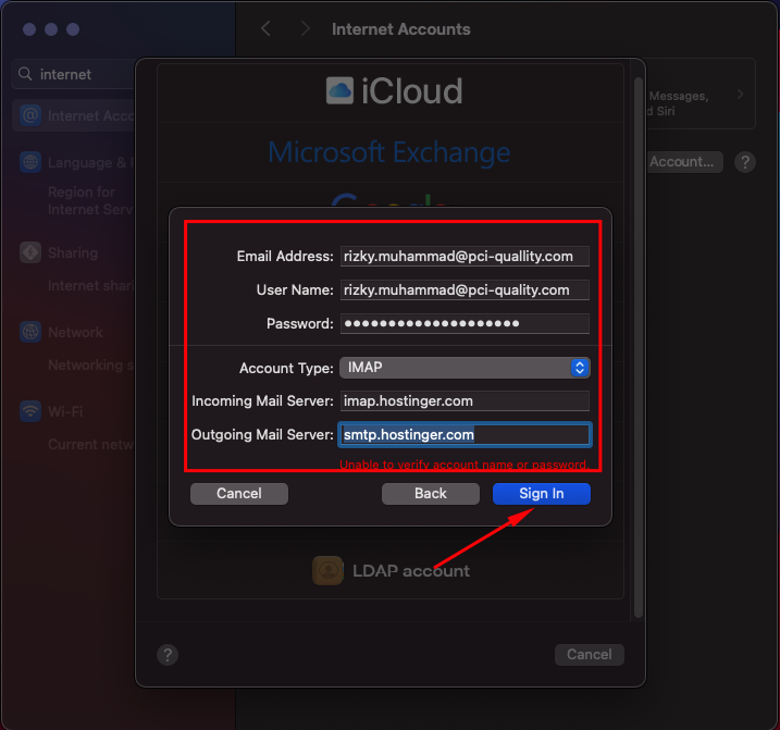 Konfigurasi server IMAP dan SMTP