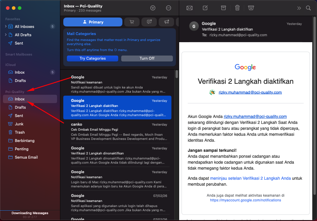 Aplikasi Mail dengan inbox email